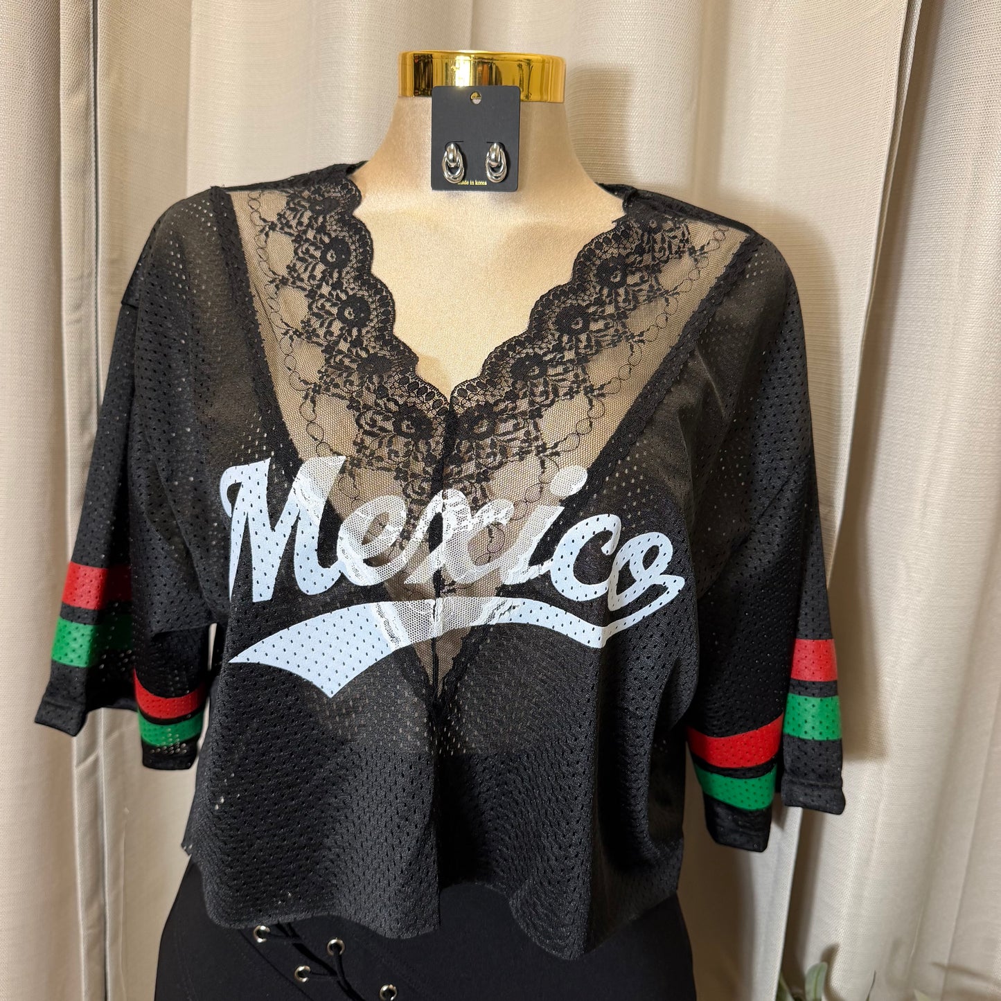 Mexico V Neck Lace Jersey-Black