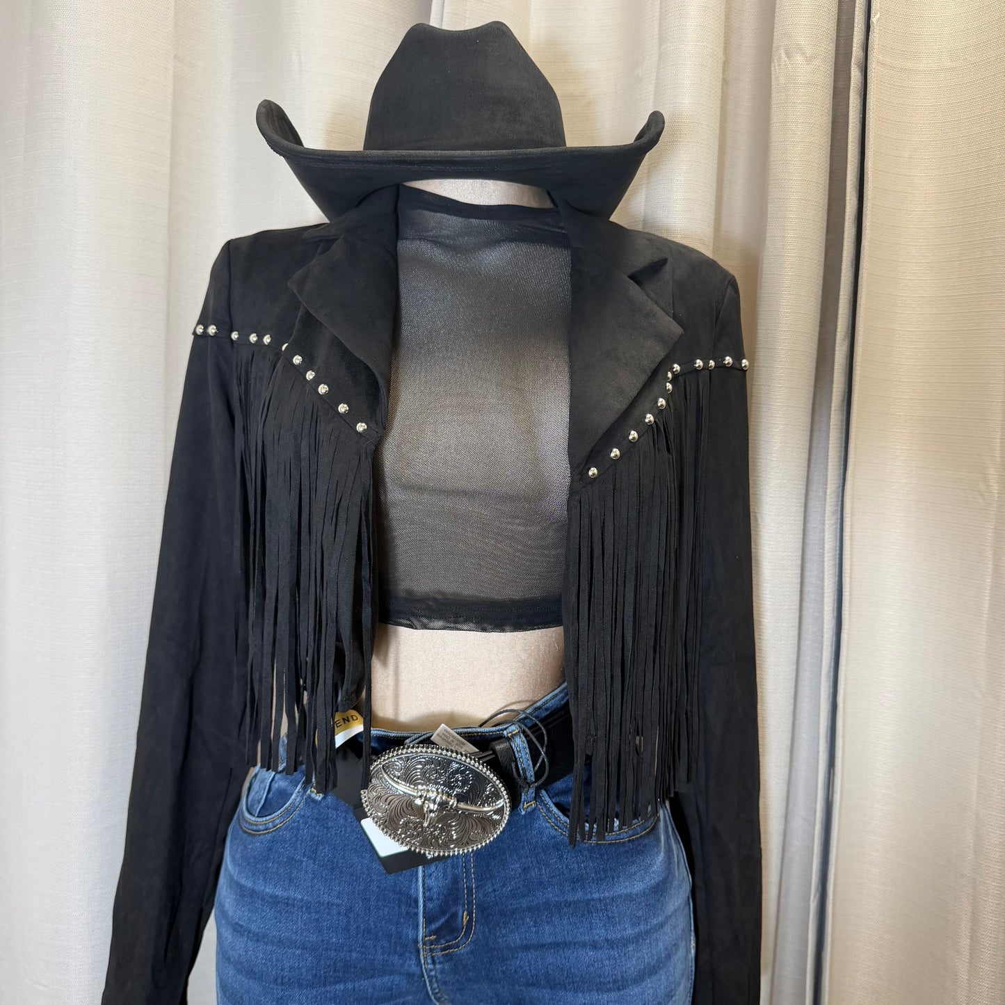 Suede Fringe Stud Jacket-Black