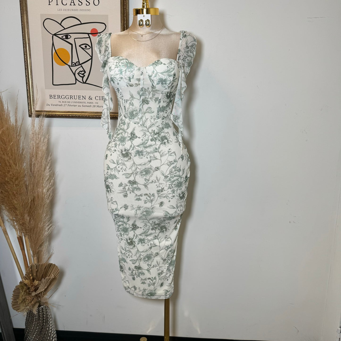 Mesh Print Ruffle Sleeve Corset Midi Dress-Sage Green