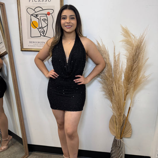Cowl Sequins Dress-Black