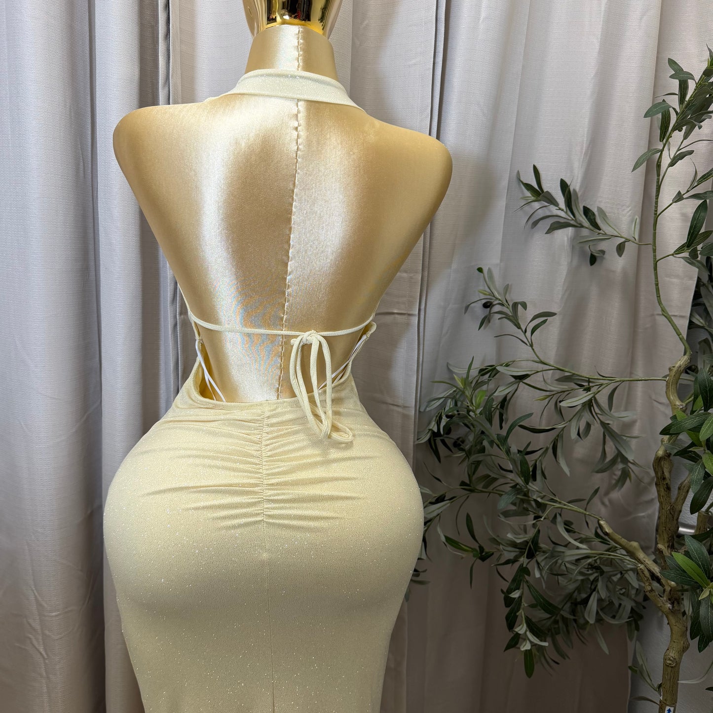 Glitter Halter Ruffle Slit Maxi Dress-Yellow