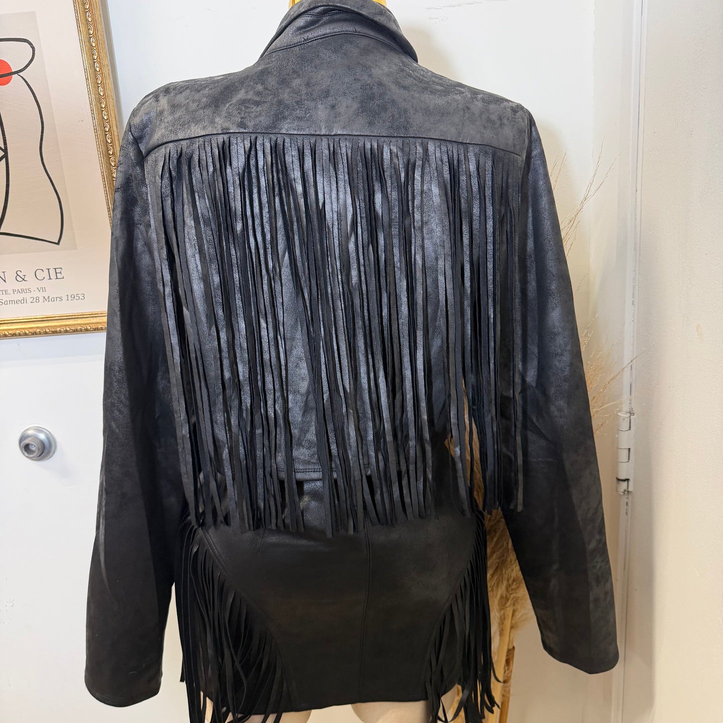 Suede Fringe Jacket-Black
