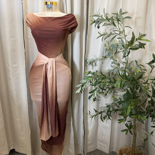 Off shoulder Mesh Ombré Maxi Dress-Brown