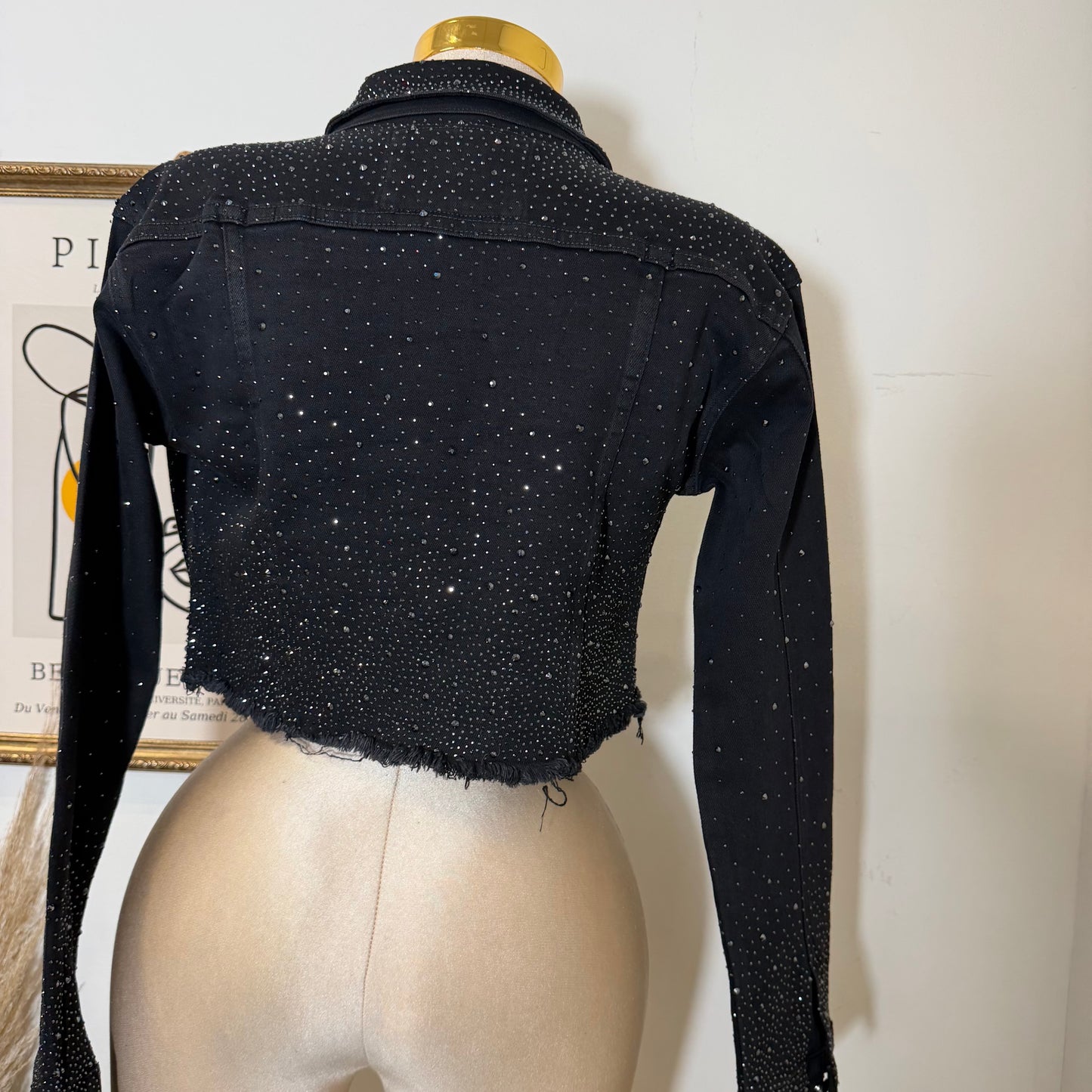 Rhinestone Cropped Jeans Jacket-Black