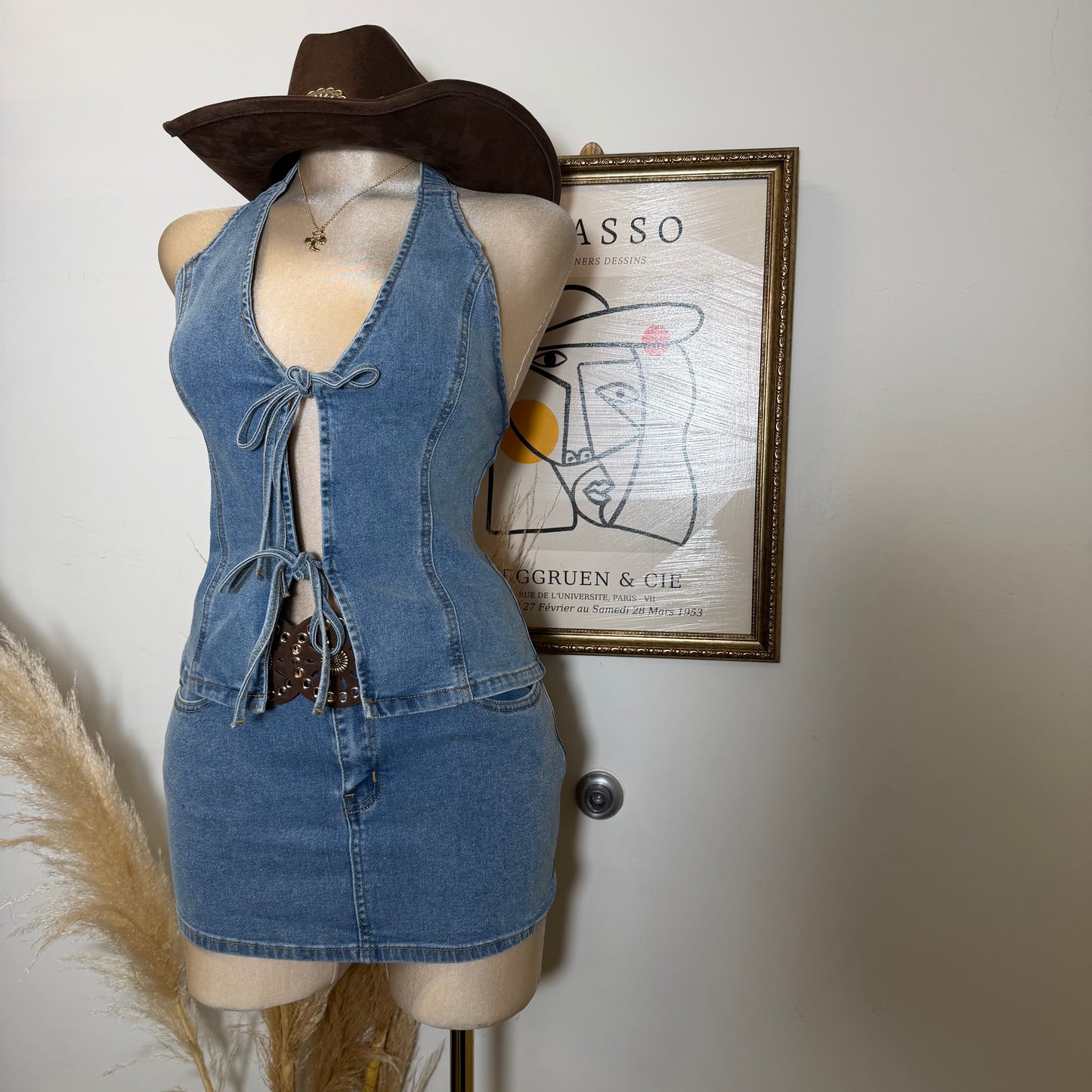 Halter Neck Front Tie Top And Mini Skirt Set-Denim