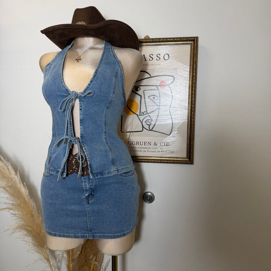 Halter Neck Front Tie Top And Mini Skirt Set-Denim
