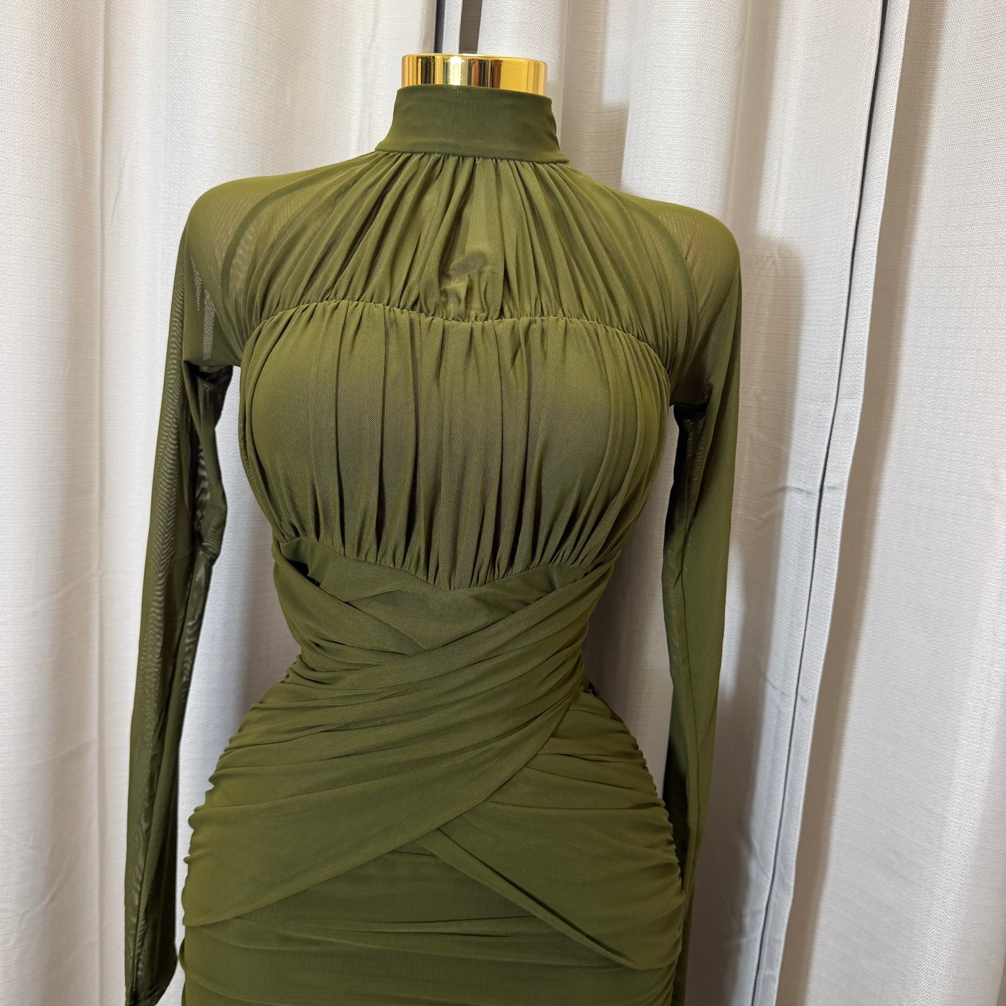 Long sleeve Mesh  Dress-Olive