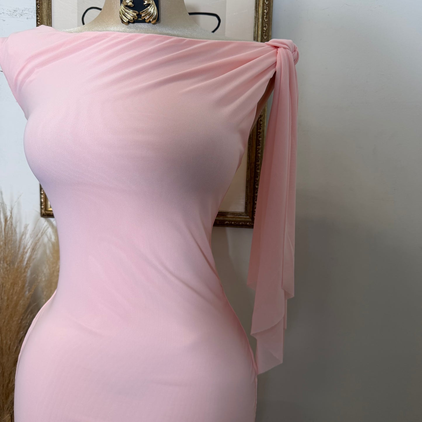 One shoulder Tie Midi Dress-Light Pink