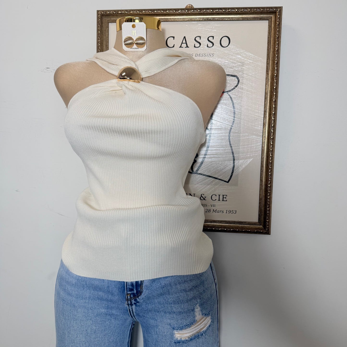 Twist Halter Sweater Top W/ Gold Orb-Ivory