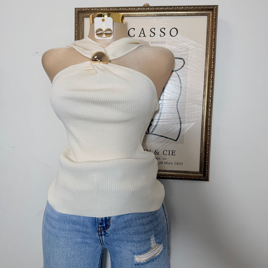 Twist Halter Sweater Top W/ Gold Orb-Ivory