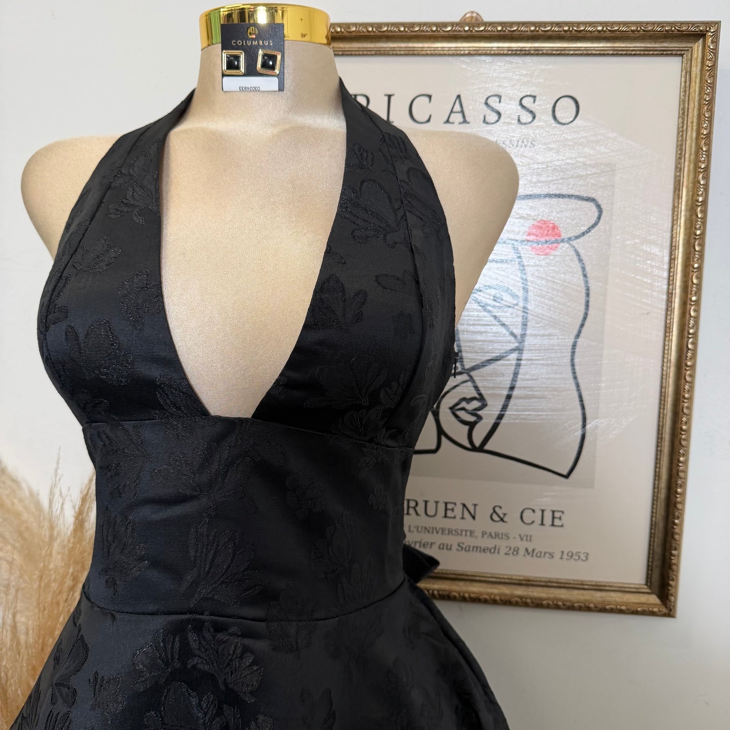 Satin Jacquard Halter neck Mini Dress-Black