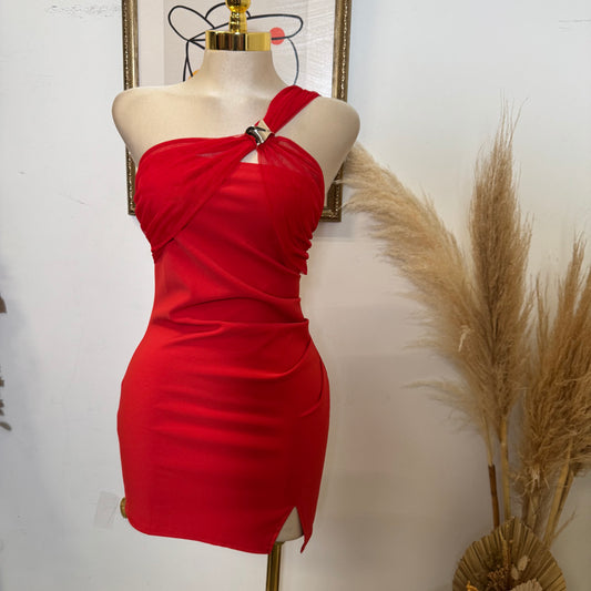 Red Dress One Shoulder Gold Detail-red