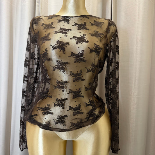 PL Long sleeve sheer lace Mesh Top-Brown