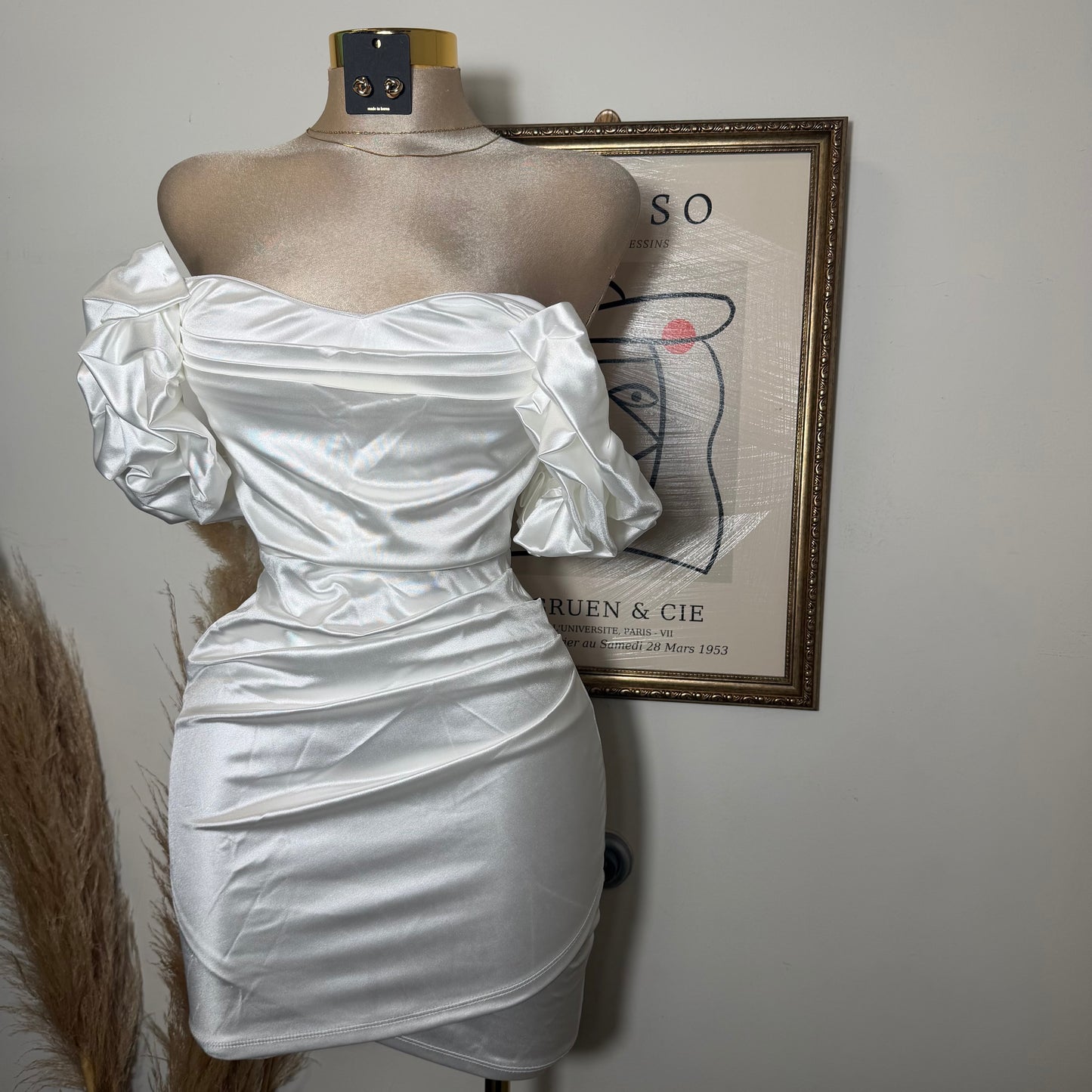 Satin Off Shoulder Dress-White