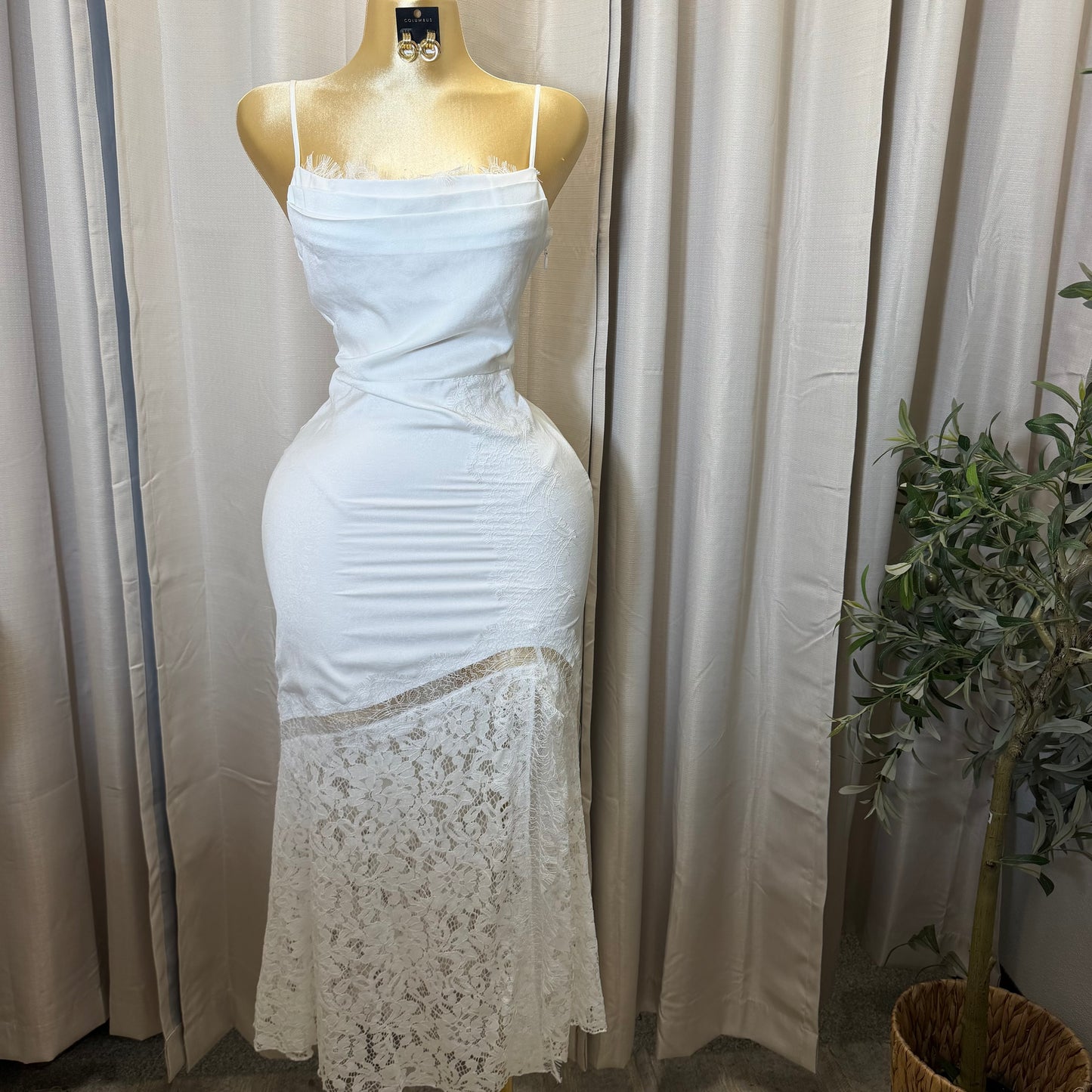 LACE DETAIL SATIN MIDI DRESS-White