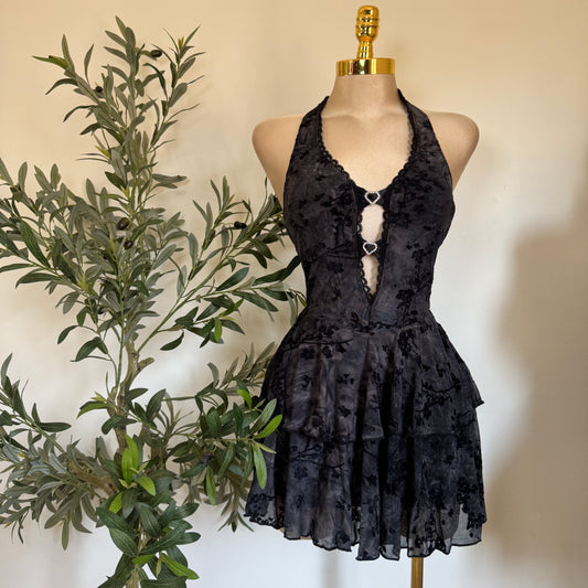 Lace Halter Dress with Hearts Details- Black
