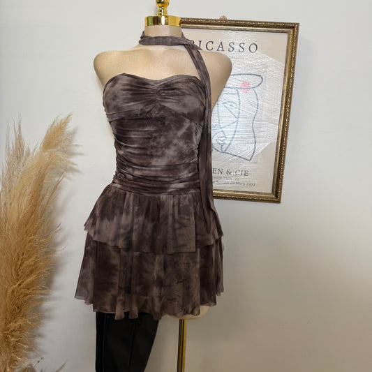 Printed Mesh Tube Dress With Scarf-Brown
