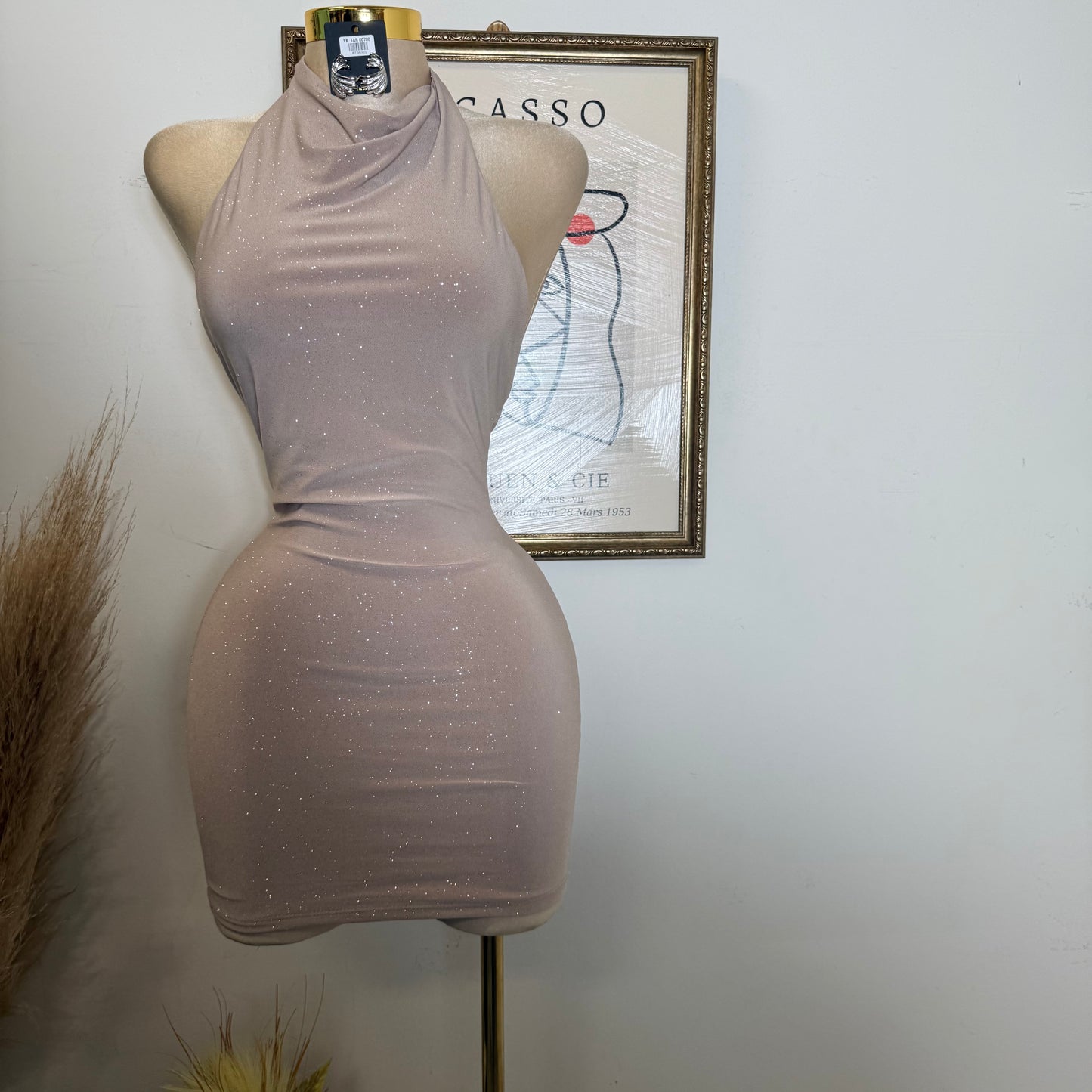 Sleeveless Halter Open Back  Mini Dress-TAUPE