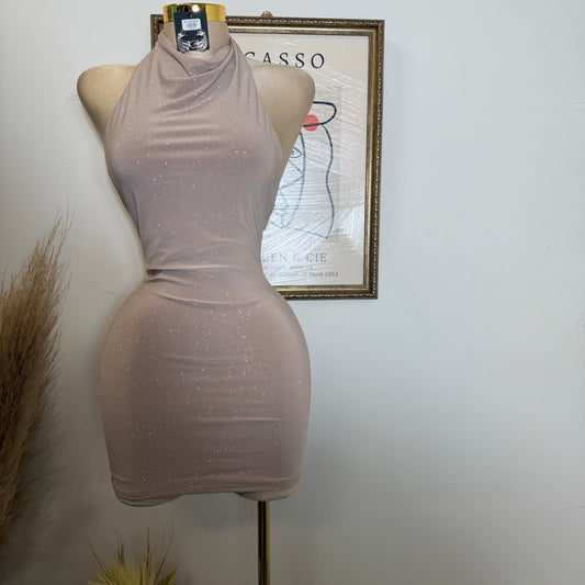 Sleeveless Halter Open Back  Mini Dress-TAUPE