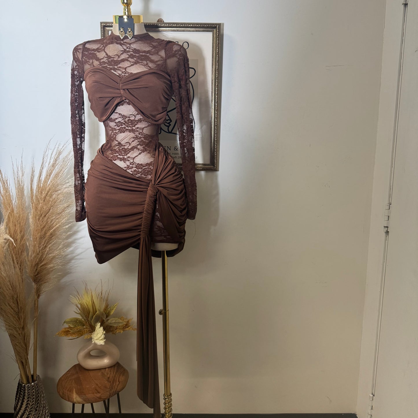 Long sleeve Lace Dress-Brown