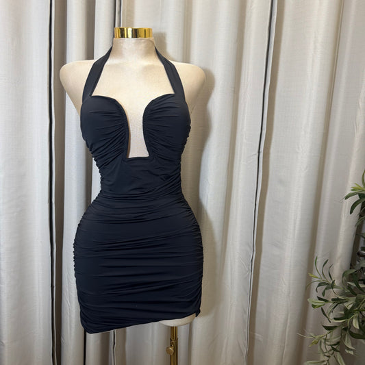 WIRE INSERT HALTER RUCHED MINI DRESS-Black