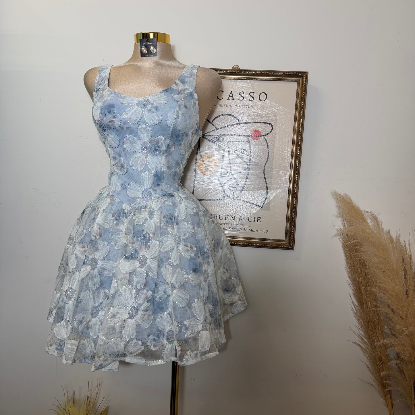 Flower Textured A line Mini Dress-Blue
