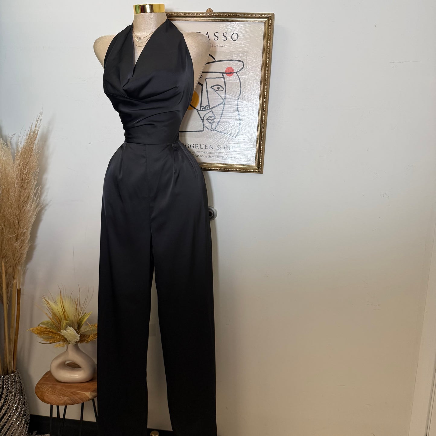 Cowl Halter Neck Wide Leg Jumpsuit-Black