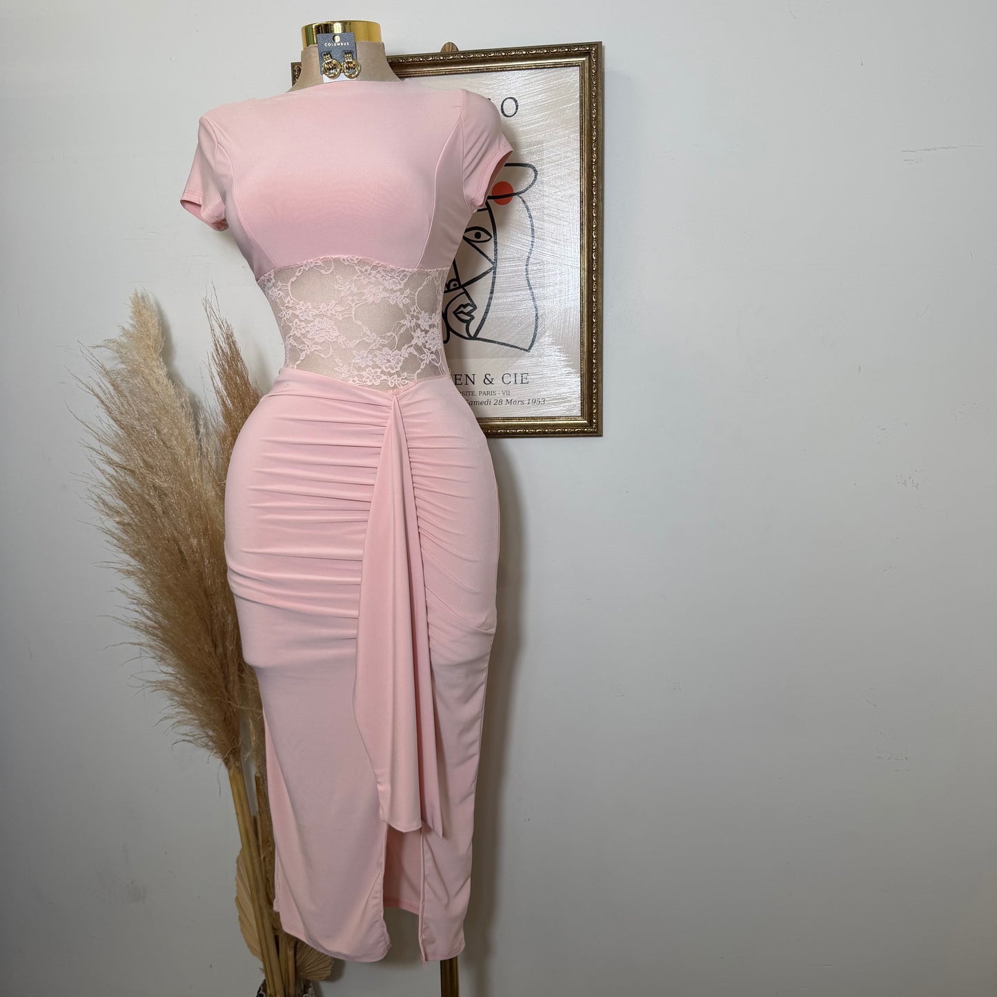 Lace Waist Contrast Midi Dress-Baby Pink