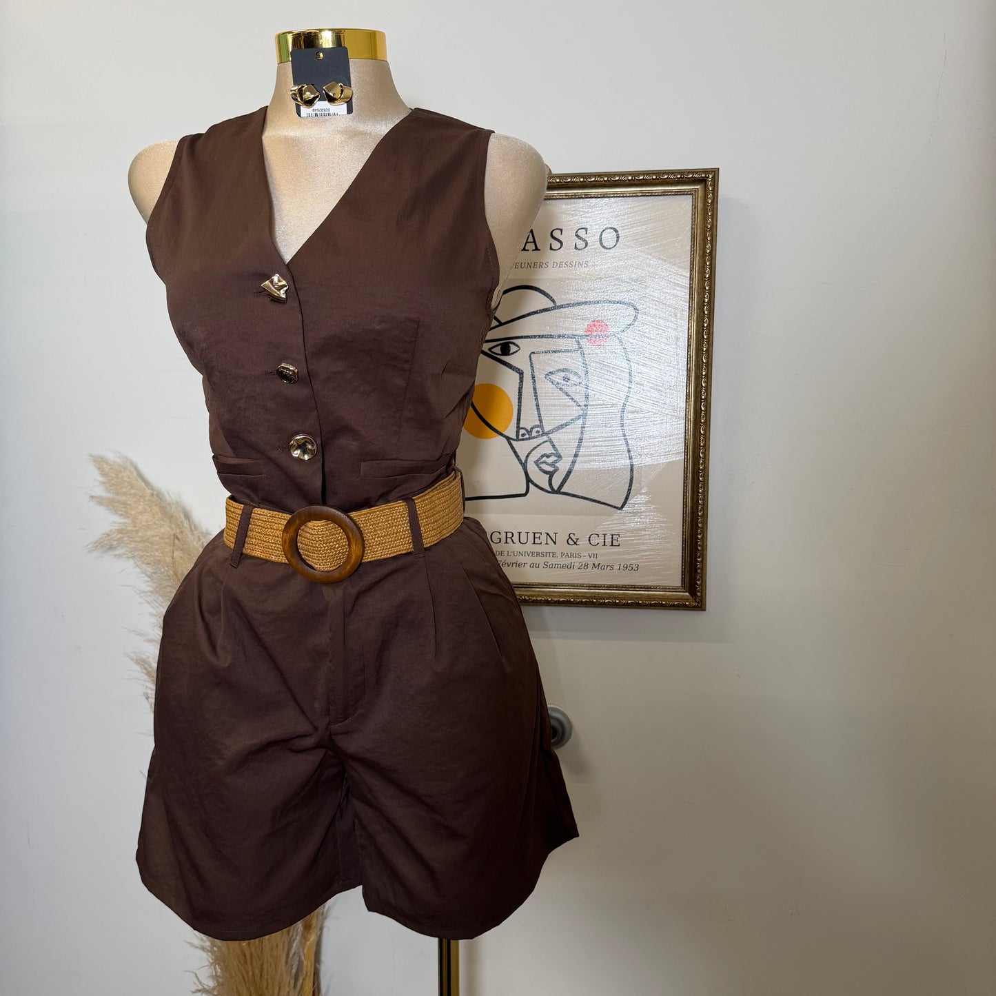 Linen Vest And Belted Short-Choco