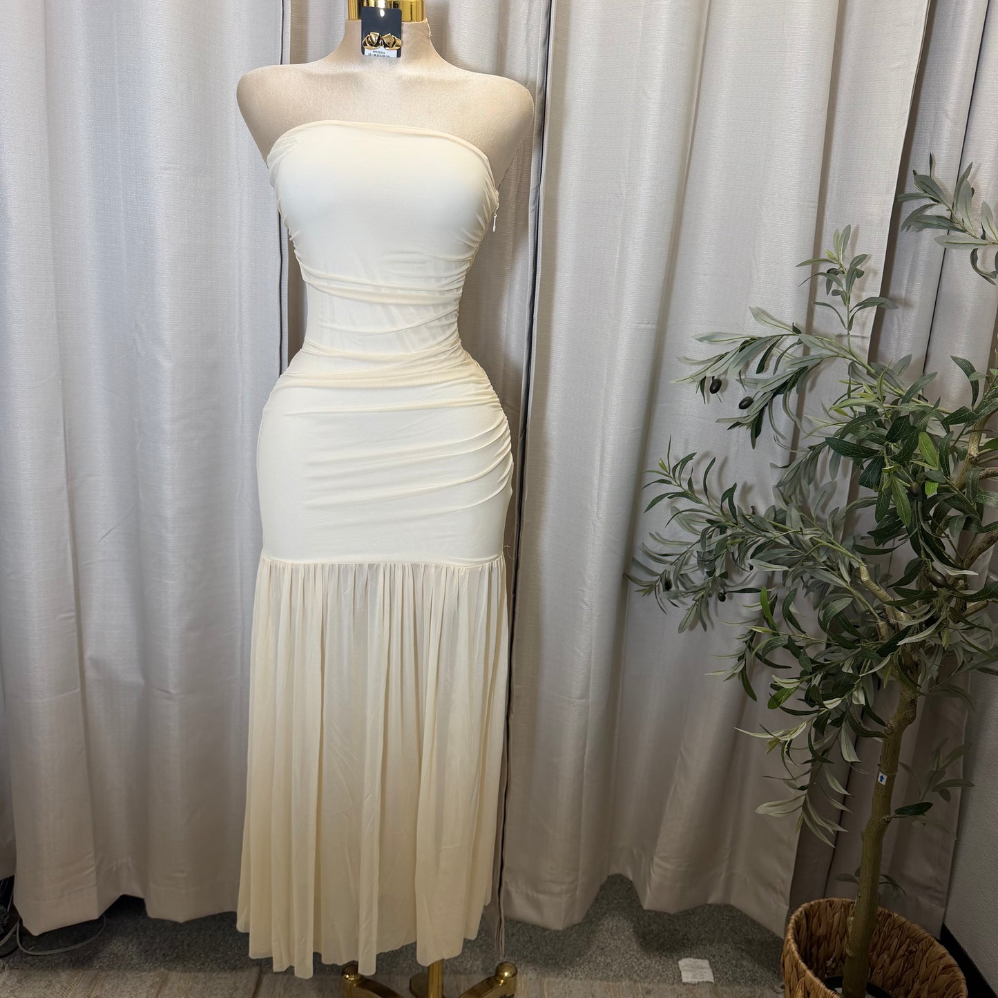 STRAPLESS RUCHED BODICE DROP WAIST MAXI DRESS-Cream