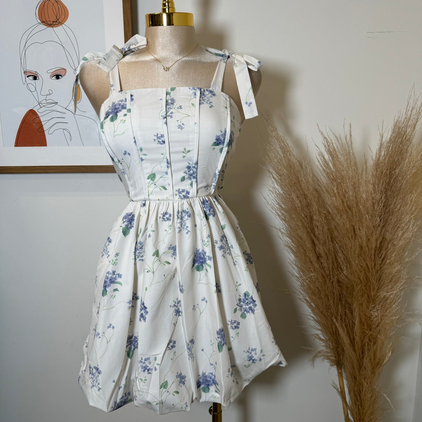 Coqueta Floral Bubble Skirt Dress-White/Blue