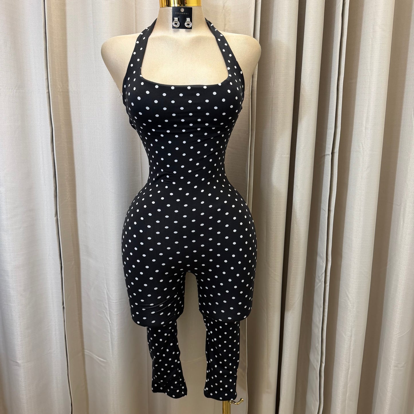 Halter Polka dot Jumpsuit with headband-white/black