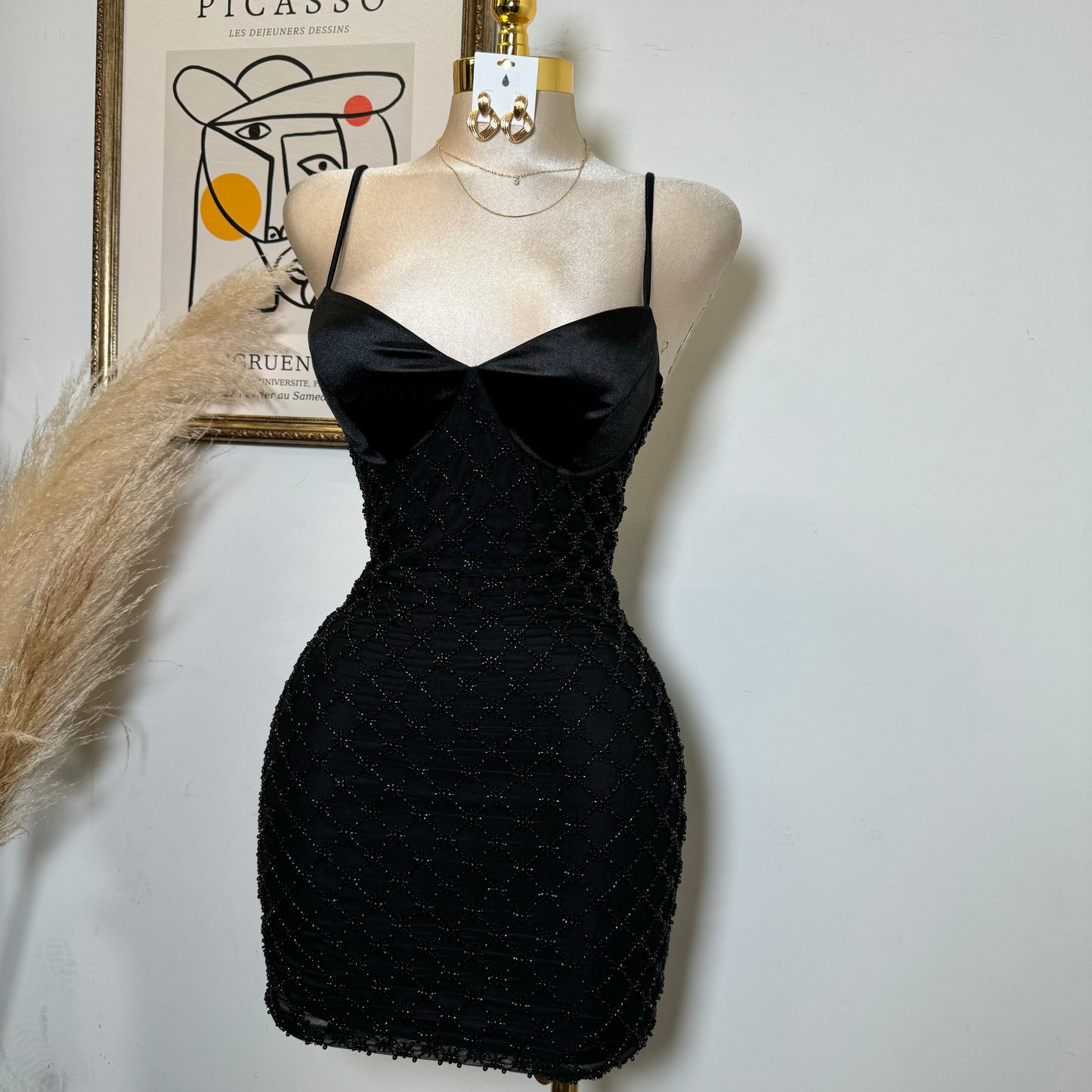 Diamond Pattern bead Dress-Black