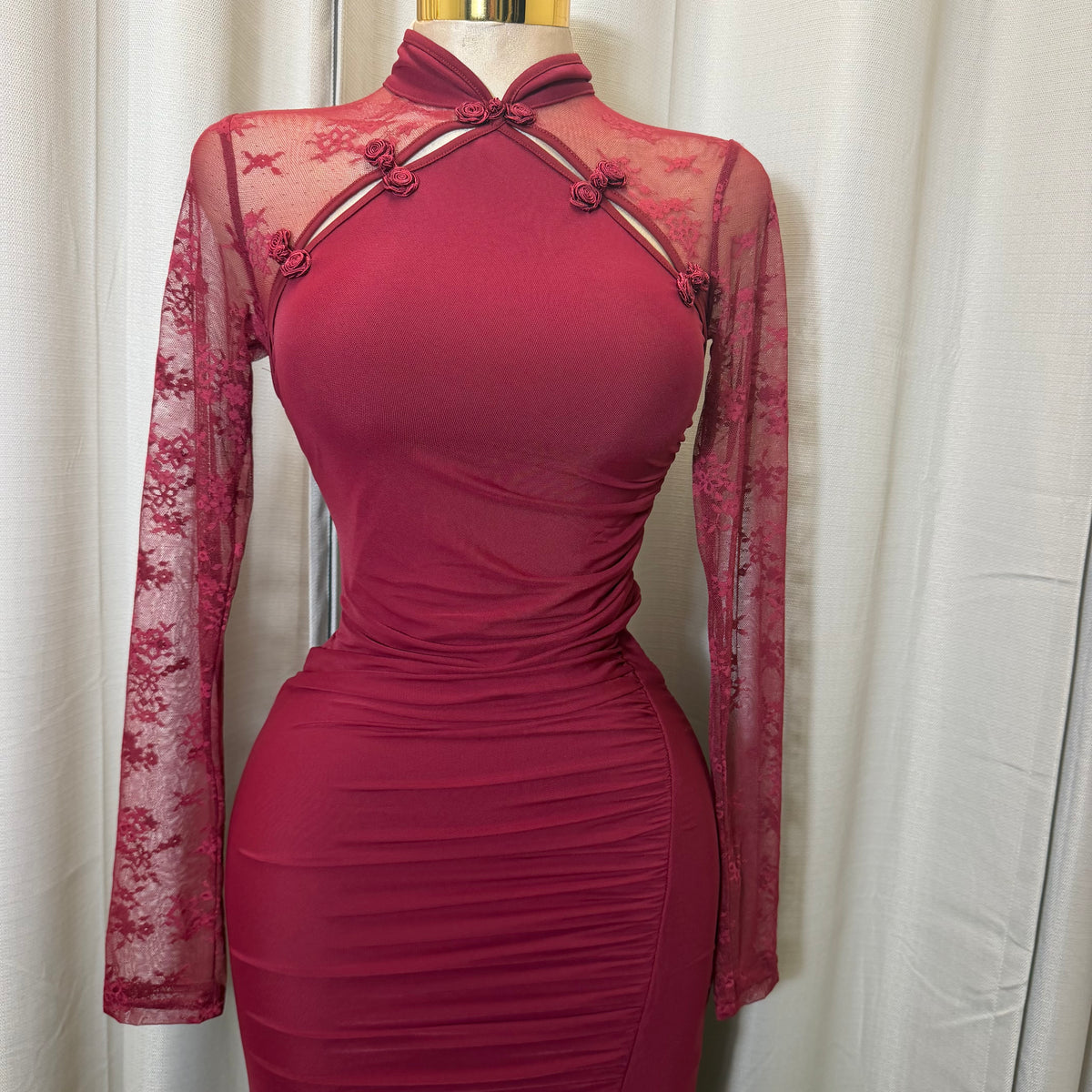 Korean Lace Long Sleeve Midi Dress-Burgundy