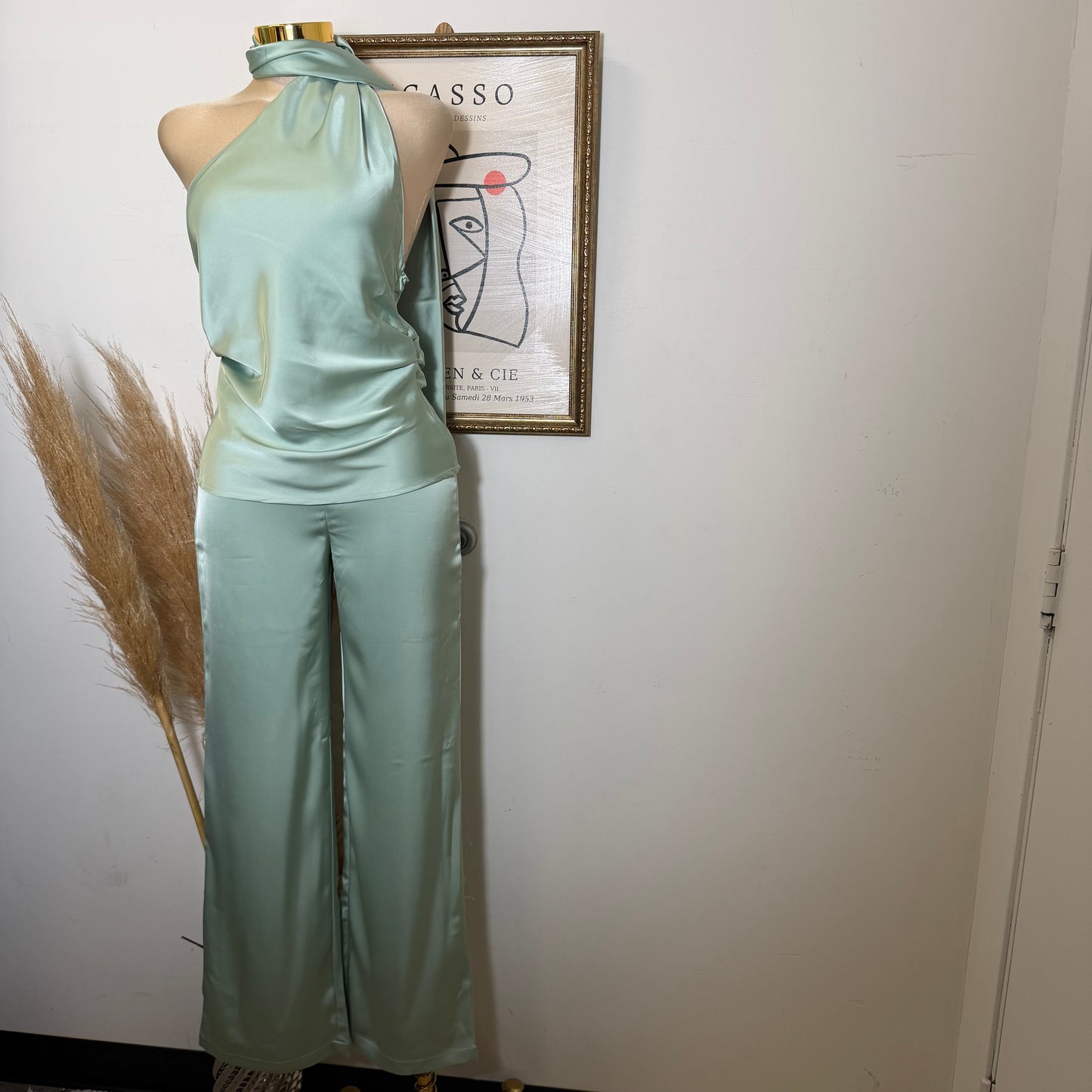 Satin Asymmetrical Scarf Halter Rcuhed Top Zipper Pants set