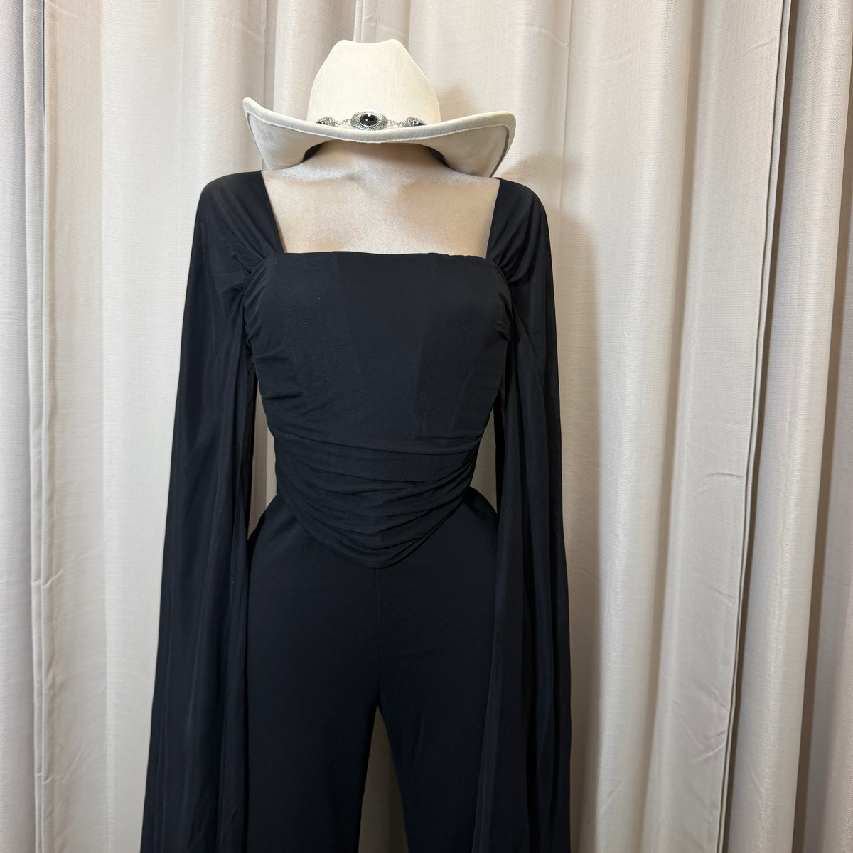 Mesh Cape Sleeve Corset Jumpsuit-Black
