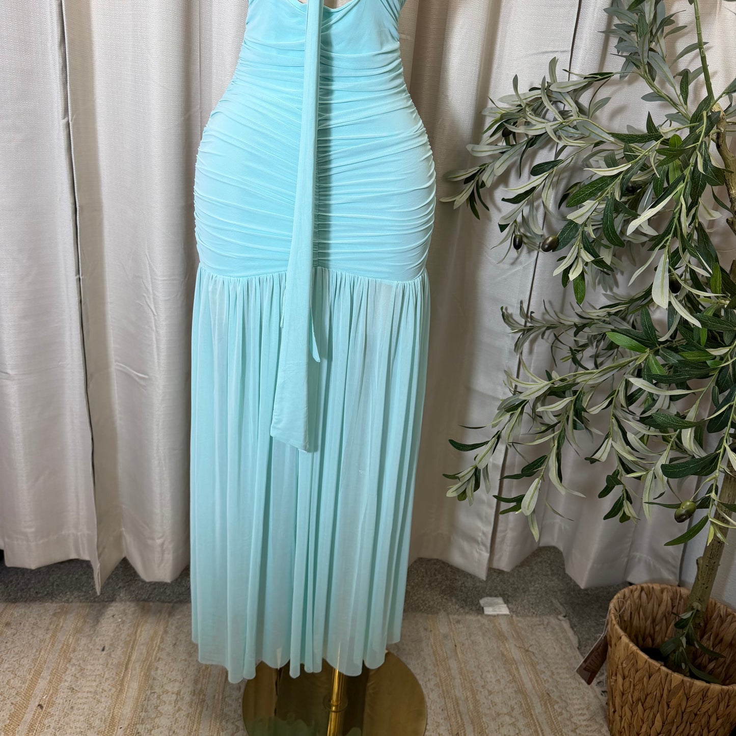 Tube Mesh Maxi Dress With front keyhole and tie Detail-Aqua