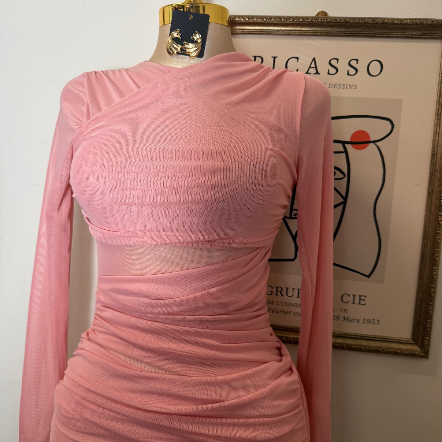 Solid Long Sleeve Mesh Dress-Baby Pink