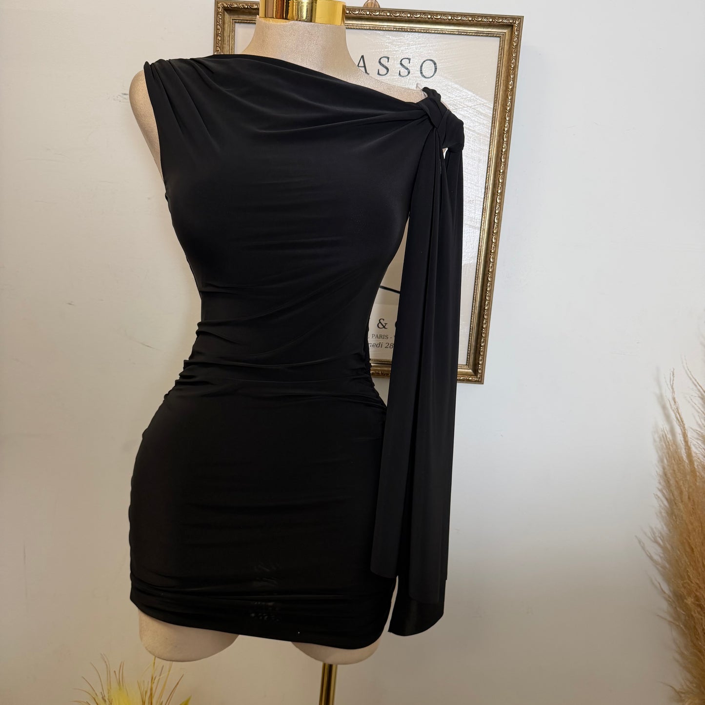 Off Shoulder Ruched Side Tie Mini Dress-Black