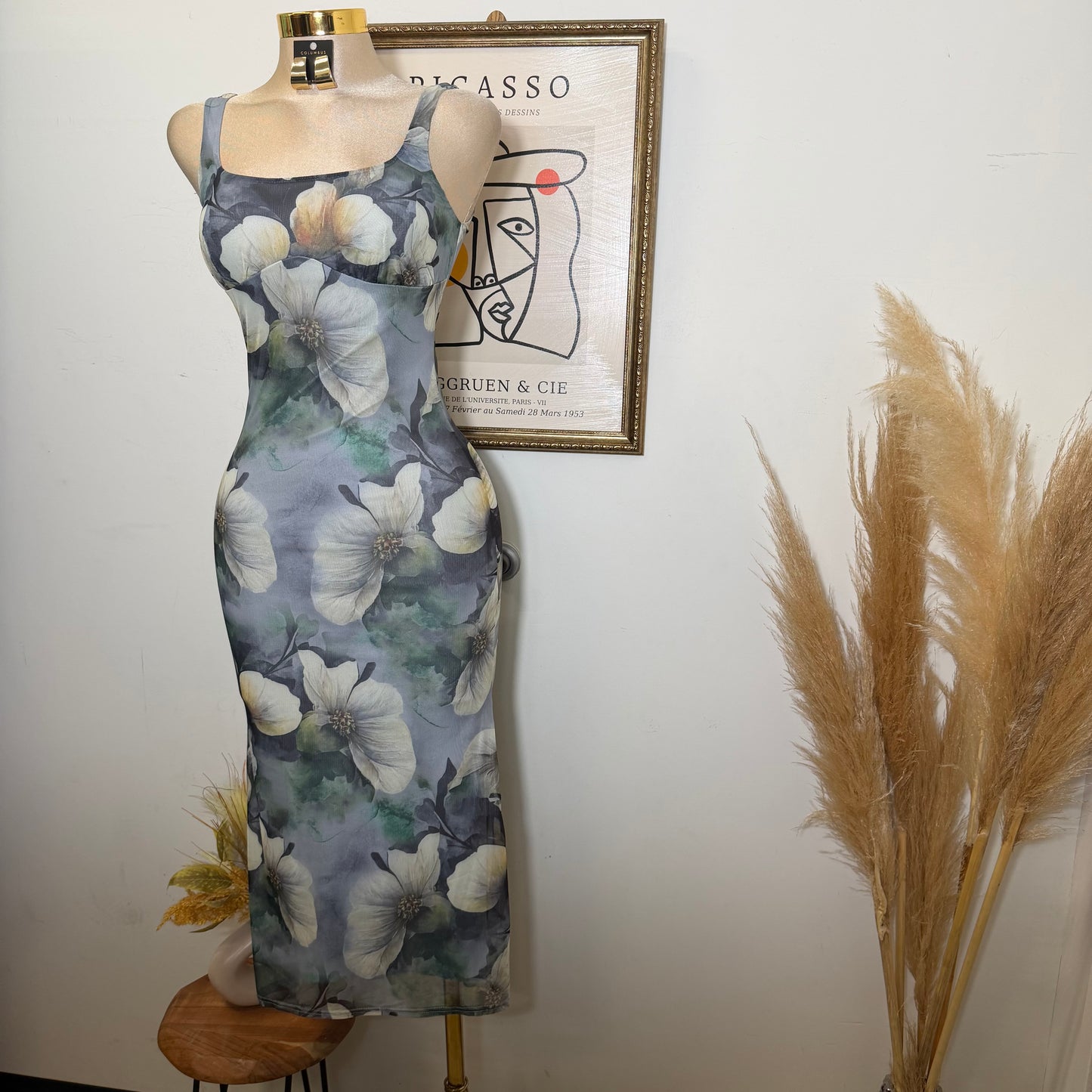 Mesh Print Midi Dress Flower Dress-Green