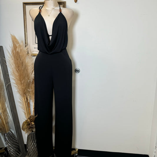 Bead Cowl Neck Halter Jumpsuit-Black