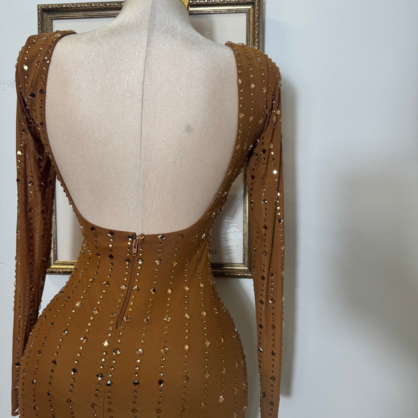 Square Rhinestone On Mesh Midi Dress-Mocha