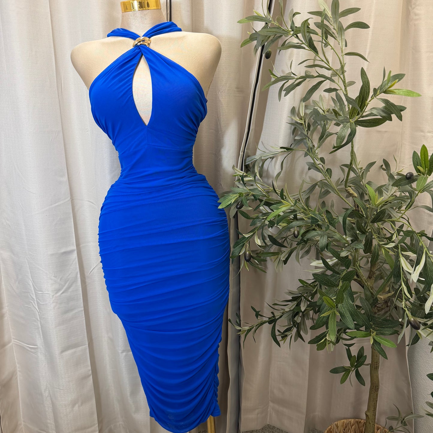 Halter Neck Trim Inset Ruched Bodycon Midi Dress-Royal Blue