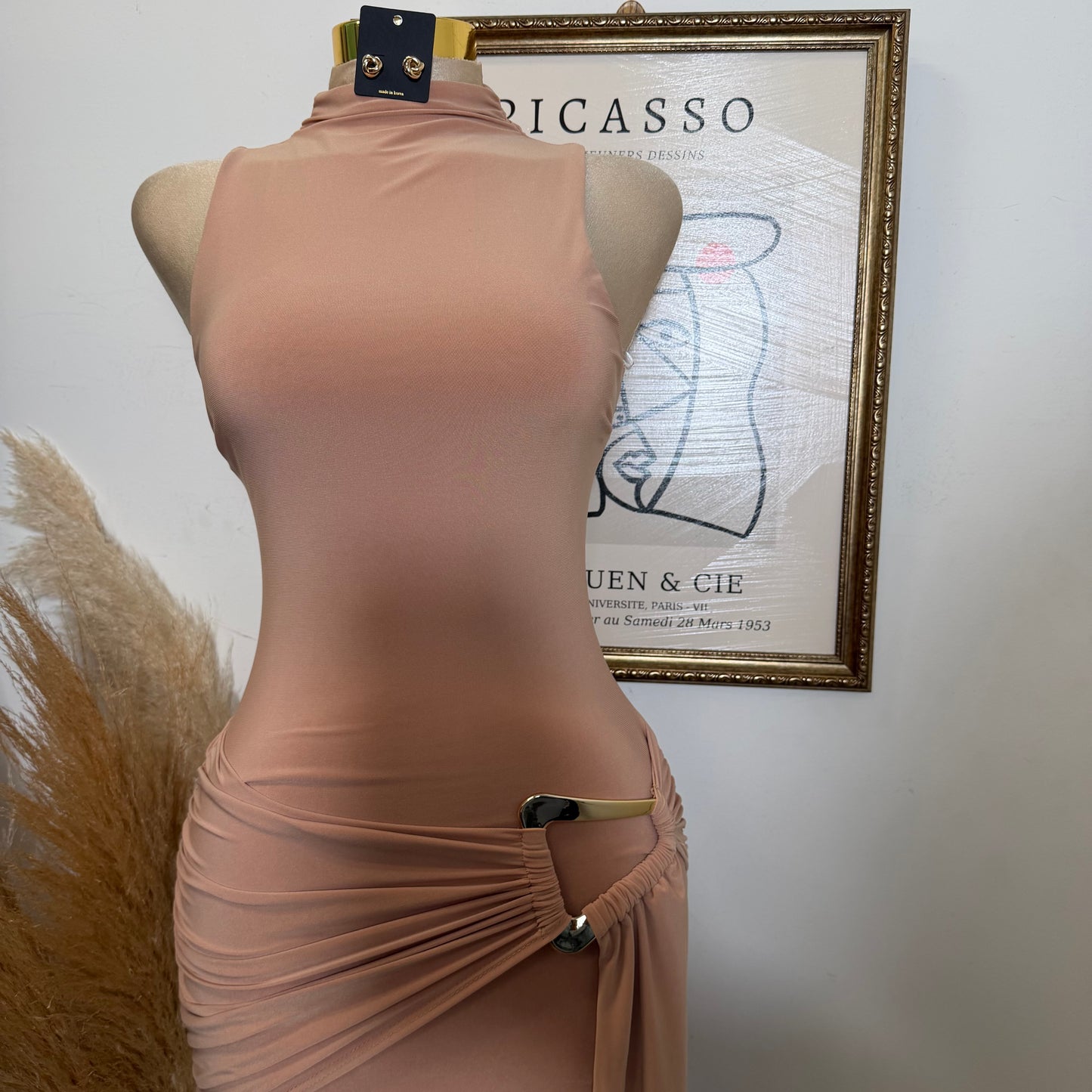 Mock Neck Front Sash With Trim Detail Mini Dress-Nude