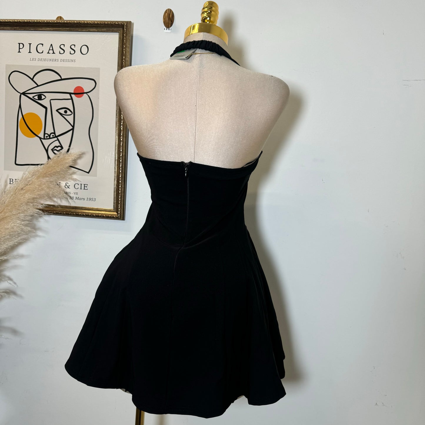 Halter Square Neck Lace Trim Open Flare dress-Black