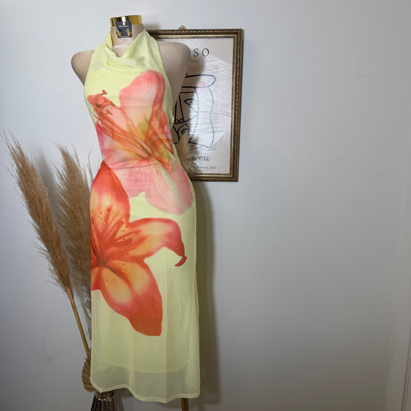 Mesh Tropical Floral Print Halter Neck Button Tie Midi Dress-Yellow