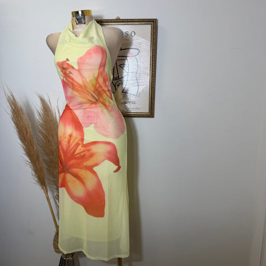 Mesh Tropical Floral Print Halter Neck Button Tie Midi Dress-Yellow
