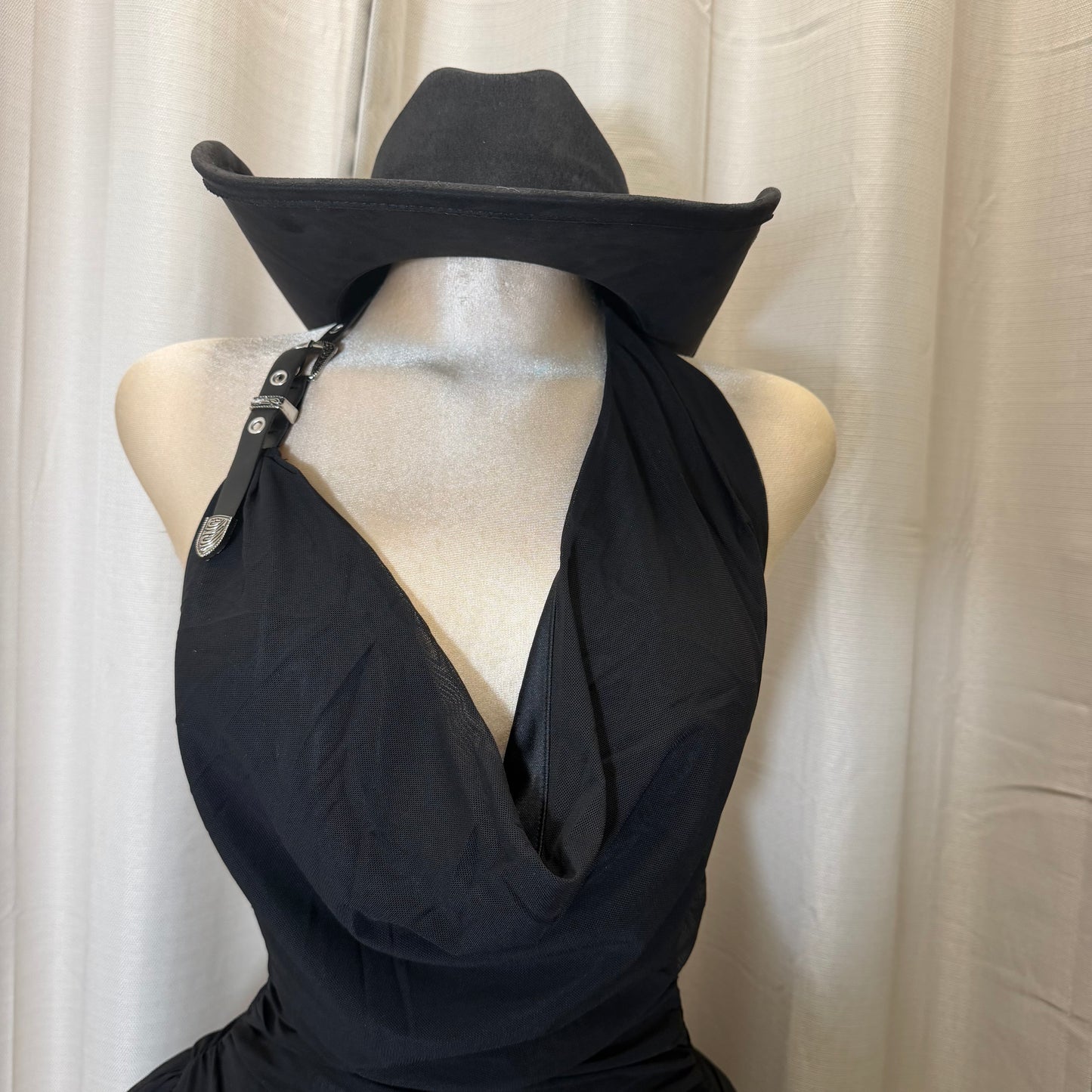 Buckle Halter Ruched Mini Fit and Flare Dress-Black