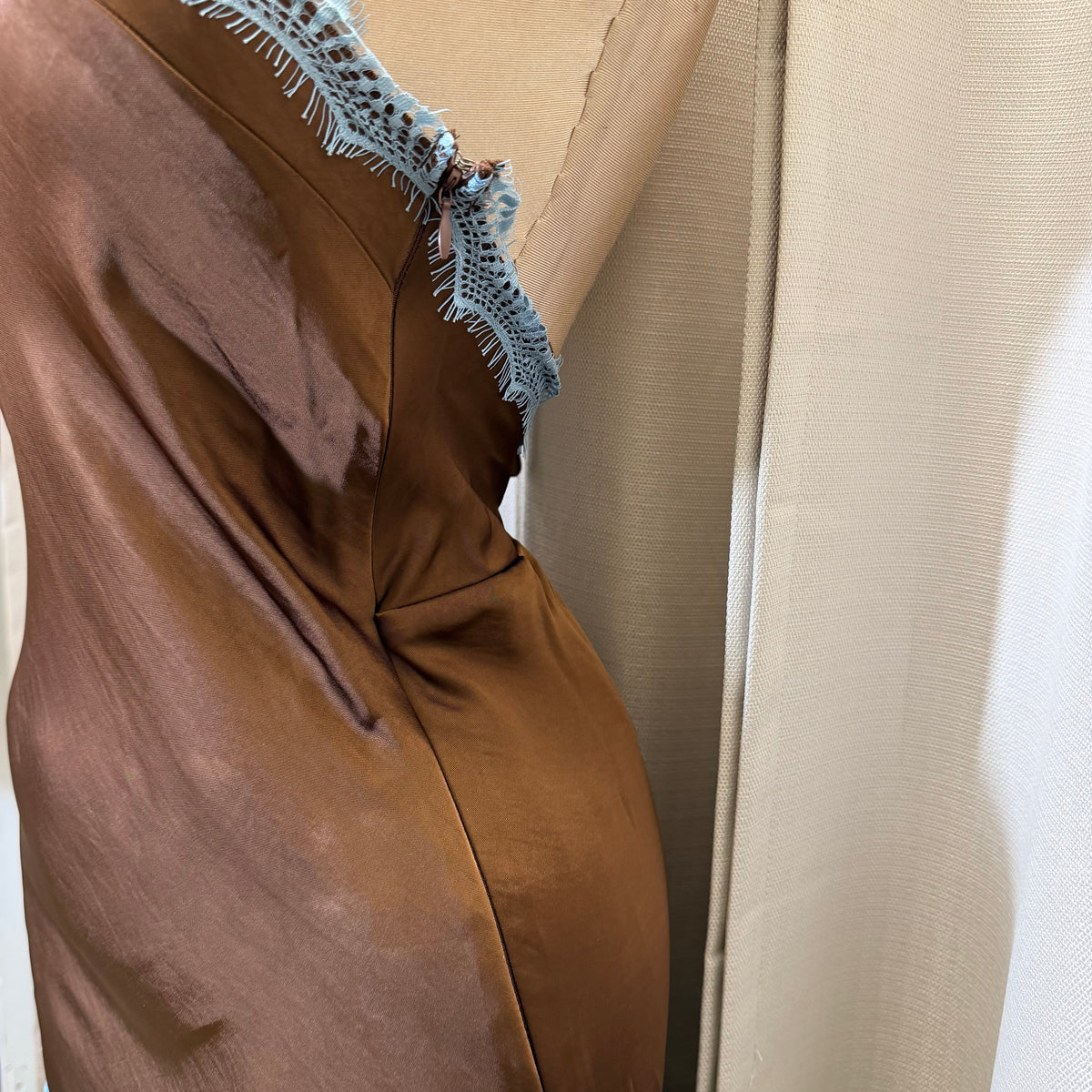 Contrast Lace Trim Satin Halter Jumpsuit-Brown/Blue