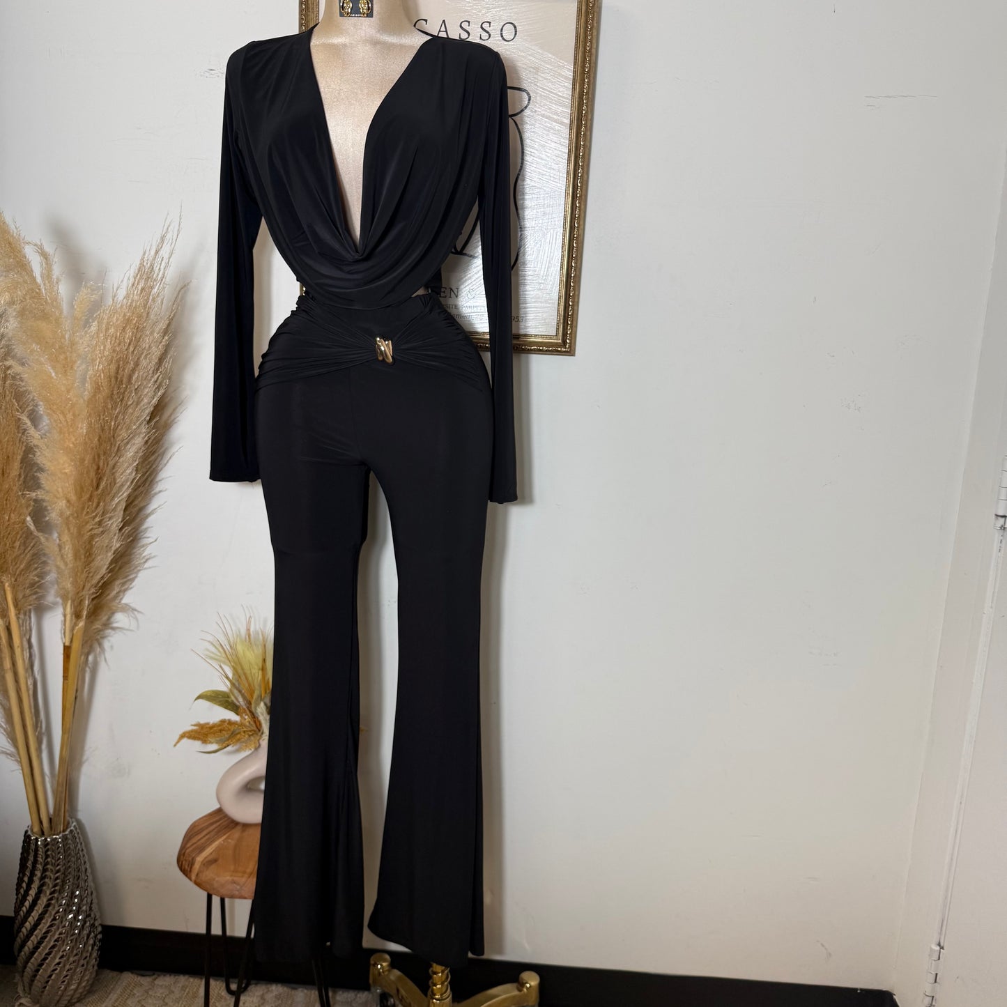 Long Sleeve Crop Top Pant Set-Black